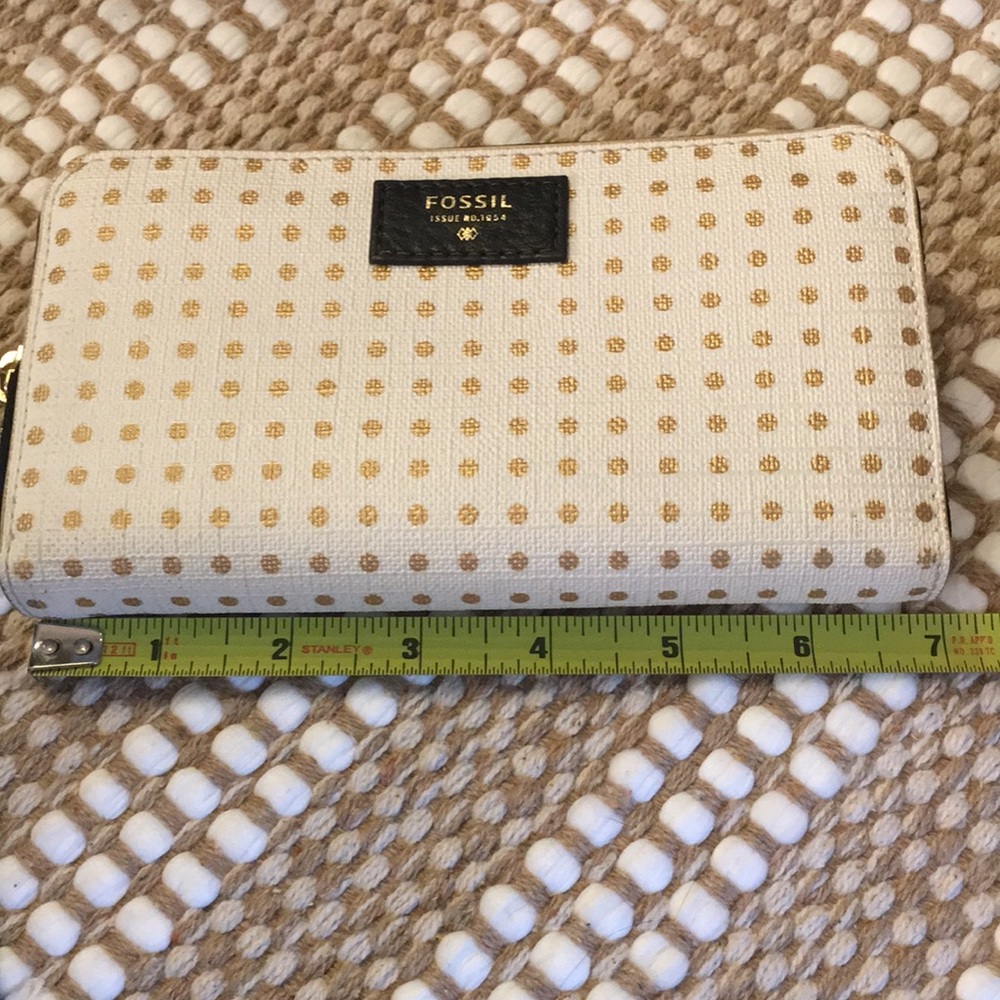 FOSSIL Zip Around Wallet / Wristlet, White/Gold Polka Dots - Picture 10 of 11